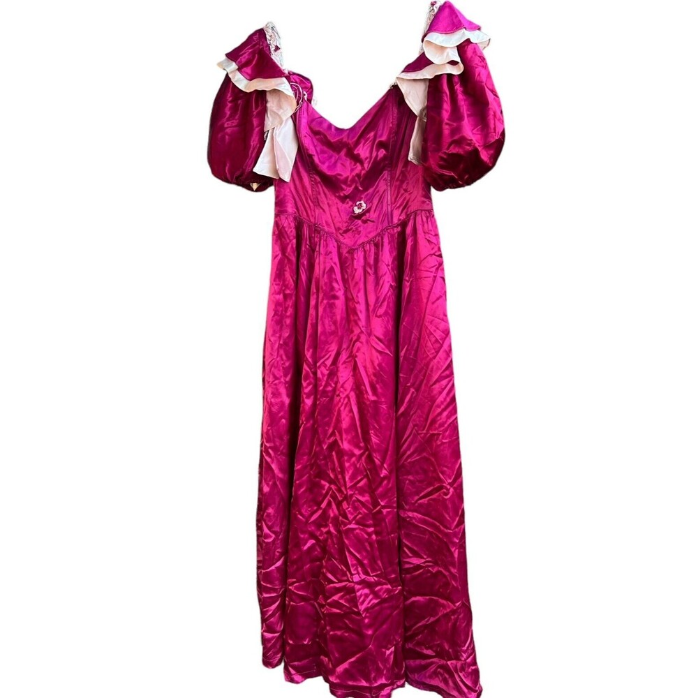 Vintage Gunne Sax Burgundy Satin Pink Lace Short Puff Sleeve Maxi Dress No Size - Picture 2 of 16